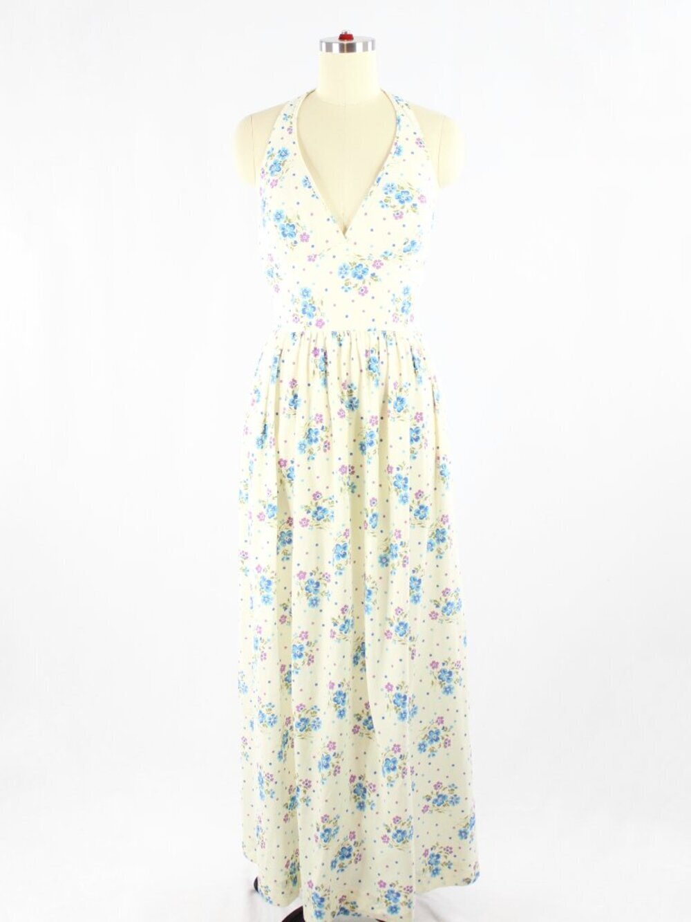 Vintage 70's COLE OF CALIFORNIA Ivory Blue Floral Halter Maxi Dress, Size 14